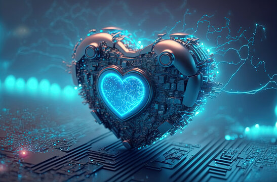 Wall Mural -  - Blue heart shaped as computer circuit board. Postproducted generative AI digital illustration.