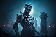 Walking Zombie On Graveyard At Dark Foggy Night. Postproducted Generative AI Digital Illustration.