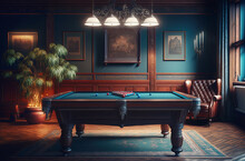 Entertainment Room With Pool Table Designed In Royal Style. Postproducted Generative AI Digital Illustration.