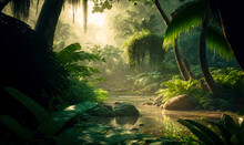 A Beautiful Fairytale Enchanted Rainforest With Sunbeams. Enchanted Tropical Rain Forest. Digital Art

