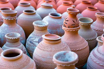 Omani Souvenirs. Hand Made Pottery in Nizwa Market. Clay Jars at the Rural Traditional Arabic Bazaar, Oman. Arabian Peninsula. 