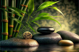 Spa background with stones and bamboo. Generative AI.