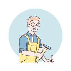 Sticker - Home repairs concept. Man hammers a nail into a table. Renovation house. Template construction work. Holding a hammer in hand. Repairmen during construction work concept.  Vector flat illustration