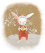 Merry Christmas postcard with cute bunny drinking warm cocoa. Digital illustration.
