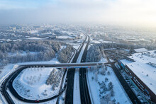 Aerial Winter Snowy Day View Of Frozen Streets In Vilnius, Lithuania