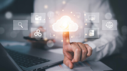 Wall Mural - man touching connect to data information on the cloud computing technology internet storage network 
