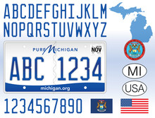 Michigan Car License Plate, United States Of America, Letters, Numbers And Symbols Vector Illustration