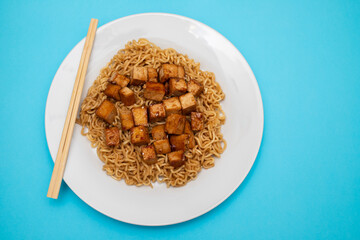 Poster - fried noodles with tofu on white dish