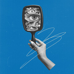 contemporary art collage. conceptual image. female hand holding mirror with many human eyes. social 