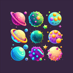 Sticker - Fantasy alien planets for gui ui space game Isolated on background. Cartoon flat vector illustration