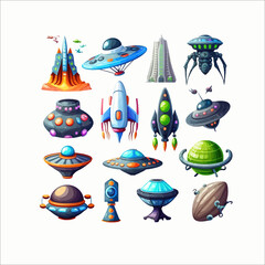 Aufkleber - Alien spaceship, fantasy planets game Isolated on background. Cartoon flat vector illustration