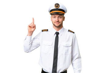 Wall Mural - Airplane pilot man over isolated background pointing with the index finger a great idea