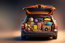 Holiday Car, Suitcase In The Overload Trunk, Family Summer Vacations, Fictional Car Created With Generative Ai