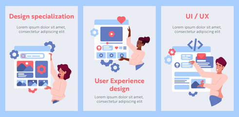 Wall Mural - ui ux designer characters develop website interface cartoon banners. creating content layout with vi