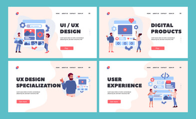 Wall Mural - digital products landing page template set. ui ux designer characters develop website interface, cre