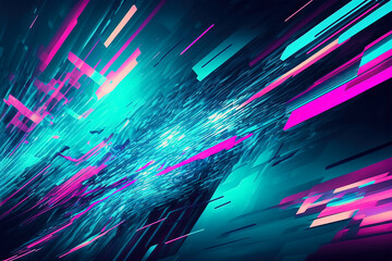 Wall Mural - Abstract blue, mint and pink background with interlaced digital glitch and distortion effect. Futuristic cyberpunk design. Retro futurism, webpunk, rave techno neon colors. Generative AI