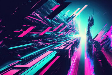 Wall Mural - Abstract blue, mint and pink background with interlaced digital glitch and distortion effect. Futuristic cyberpunk design. Retro futurism, webpunk, rave techno neon colors. Generative AI