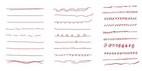 Wall Mural - Set of artistic pen brushes.Doodles, ink brushes.Set of vector grunge brushes. Collection of strokes of markers. Set of wavy horizontal lines