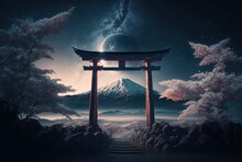 Illustration Of Torii With Fuji Mountain And Milky Way As Background 