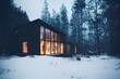 A cozy wooden cabin cottage chalet house covered in snow near ski resort in winter illustration