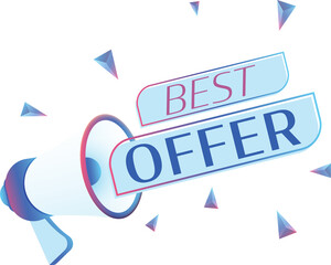 Aufkleber - Best offer text with 3d realistic megaphone vector illustration. Banner template to announce news about webinar in social media, training course, marketing technology poster