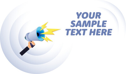 Poster - Hand hold megaphone. Your sample text here, realistic 3d megaphone, loudspeaker with lightning. Symbols Speaker, Social media, Advertising and promotion. Vector