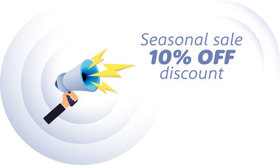 Poster - Hand hold megaphone. Seasonal sale 10 percent off discount, realistic 3d megaphone, loudspeaker with lightning. Symbols Speaker, Social media, Advertising and promotion. Vector