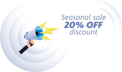 Poster - Hand hold megaphone. Seasonal sale 20 percent off discount, realistic 3d megaphone, loudspeaker with lightning. Symbols Speaker, Social media, Advertising and promotion. Vector