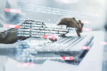 Wall Mural - multi exposure of abstract graphic coding sketch with hands typing on computer keyboard on backgroun