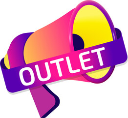 Aufkleber - Outlet banner label, badge icon with megaphone. Flat design