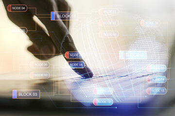 Wall Mural - double exposure of abstract creative programming illustration with world map and hand typing on lapt