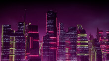 Cyberpunk City Skyline With Pink And Yellow Neon Lights. Night Scene With Advanced Architecture.
