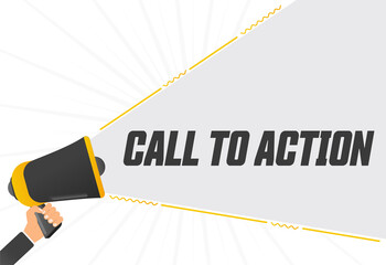 Aufkleber - Call to action. Megaphone in hand promotion banner. Promotional advertising, marketing speech or client support vector