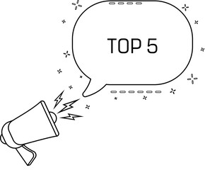 Poster - Top 5. Megaphone and colorful yellow speech bubble with quote. Blog management, blogging and writing for website. Concept poster for social networks, advertising, banner
