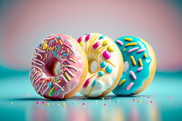 Wall Mural - Donuts are delicious bakery desserts colorful, appetizing decorations, soft texture, a dessert that can be eaten in the morning as well. Most people like to eat a lot of donuts render 3d generative Ai