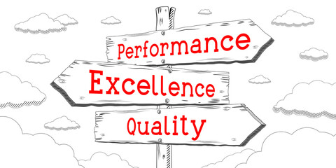 Sticker - Performance, excellence, quality - outline signpost with three arrows