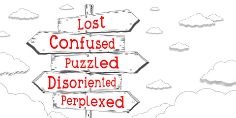 Wall Mural - Lost, confused, puzzled, disoriented, perplexed - outline signpost with five arrows
