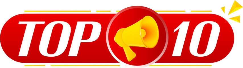 Poster - Megaphone with top 10 on white background. Megaphone banner. Web design. Vector