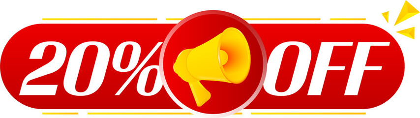 Aufkleber - Megaphone with 20 percent off on white background. Megaphone banner. Web design. Vector