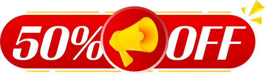 Aufkleber - Megaphone with 50 percent off on white background. Megaphone banner. Web design. Vector