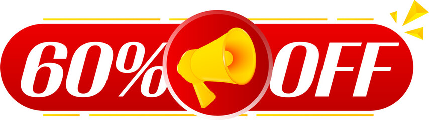 Aufkleber - Megaphone with 60 percent off on white background. Megaphone banner. Web design. Vector