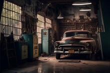 Old Garage With A Rusty Car (AI Generated)