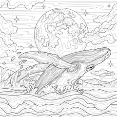 Wall Mural - Whale in the sea and full moon.Coloring book antistress for children and adults. Illustration isolated on white background.Zen-tangle style. Hand draw