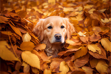 Wall Mural - Golden retriever puppy in a pile of leaves generative art