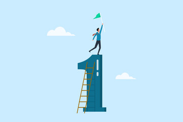 success businessman climb up ladder of #1, success to the top and holding winning flag, mission acco