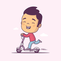 Wall Mural - Happy young man driving an electric scooter vector cartoon illustration, chibi style