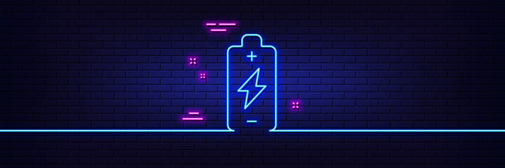 Canvas Print - Neon light glow effect. Battery charging line icon. Electricity energy type sign. Lightning bolt symbol. 3d line neon glow icon. Brick wall banner. Battery charging outline. Vector