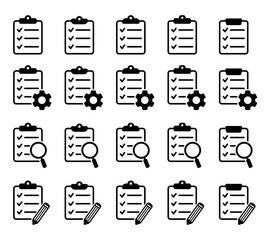 Wall Mural - Clipboard icon. Checklist with gear, checkmarks, magnifier and pencil. Vector illustration.