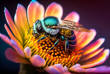 Close-up Of A Bee Landing On A Flower For Pollination. Bees Pollinate Plants And Make Honey. Digital Art
