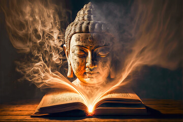 a portrait of buddha, emerging from a mystical book, surrounded by incense smoke. a soothing atmosph